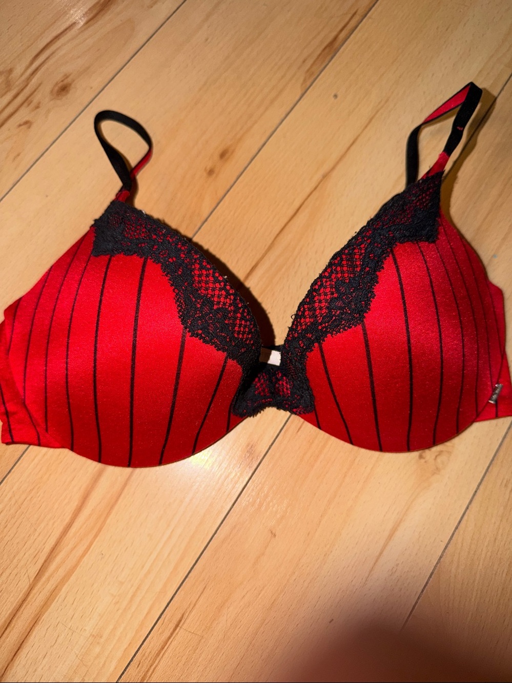 Red Lace-Trim Push-Up Bra with Black Pinstripes